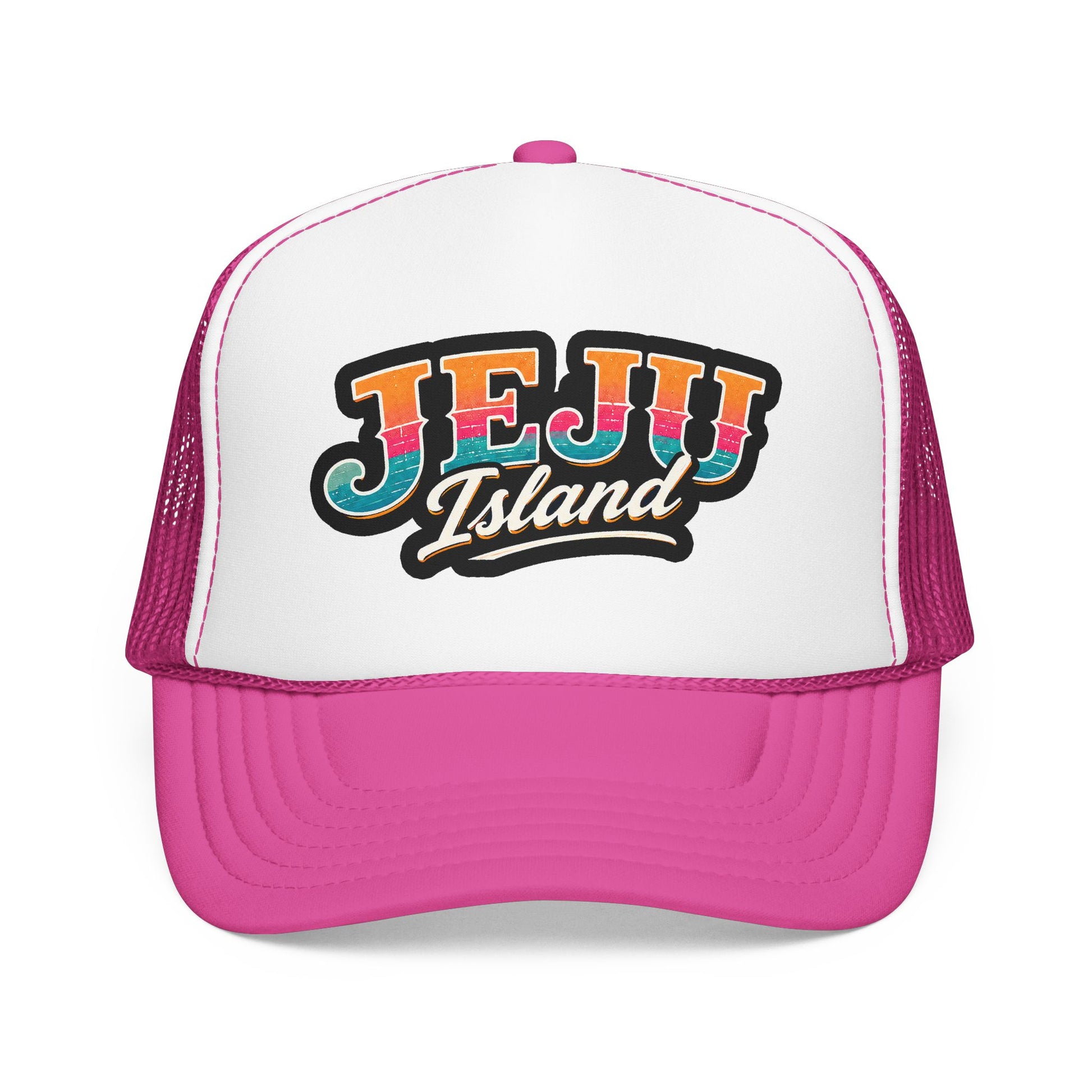 White and hot pink foam trucker hat with front “JEJU Island” logo patch