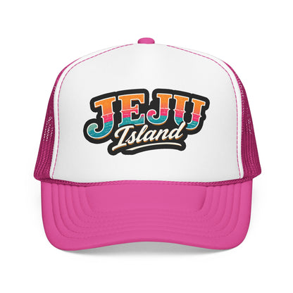 White and hot pink foam trucker hat with front “JEJU Island” logo patch