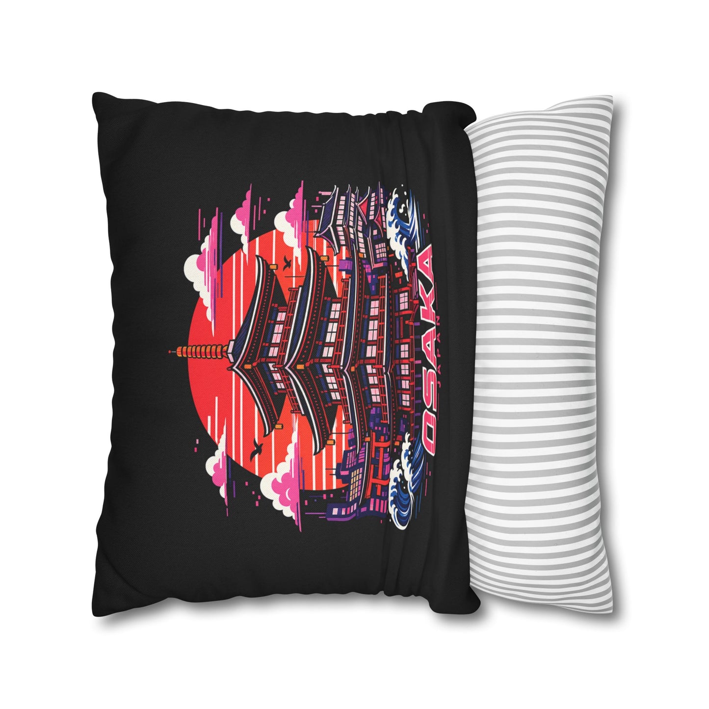 Black decor pillowcase with colorful pagoda print and attached striped panel