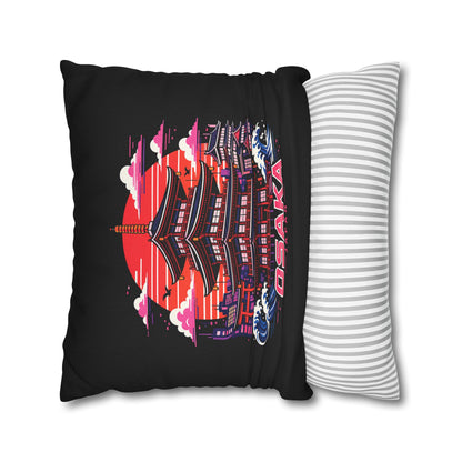 Black decor pillowcase with colorful pagoda print and attached striped panel