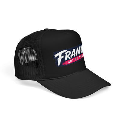 Black trucker hat with mesh back, curved brim, and “FRANCE” front logo
