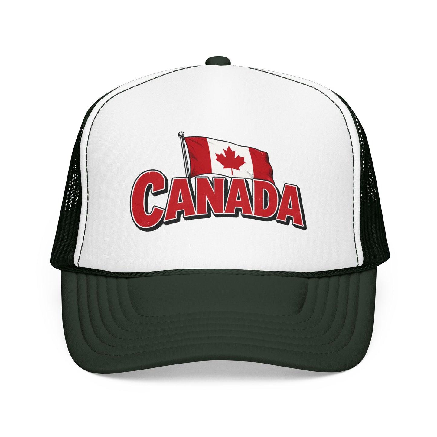 White and dark green trucker hat with mesh sides and Canada flag “CANADA” logo