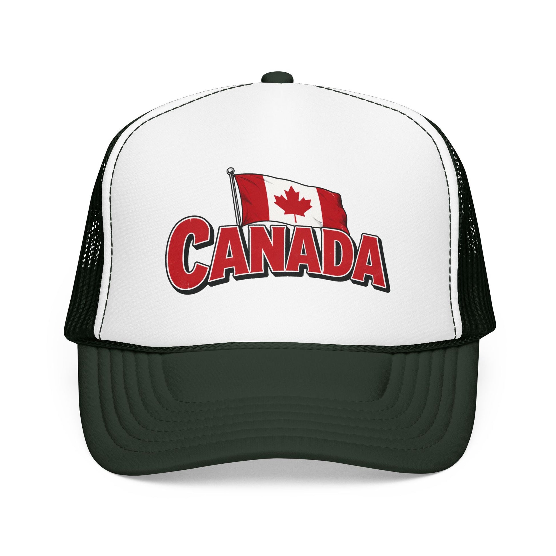 White and dark green trucker hat with mesh sides and Canada flag “CANADA” logo