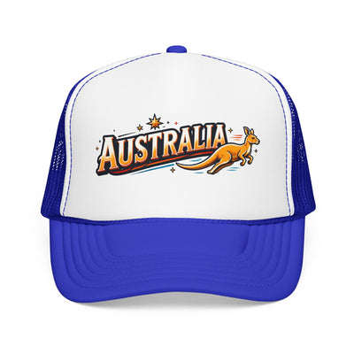White and royal blue trucker hat with AUSTRALIA kangaroo logo patch