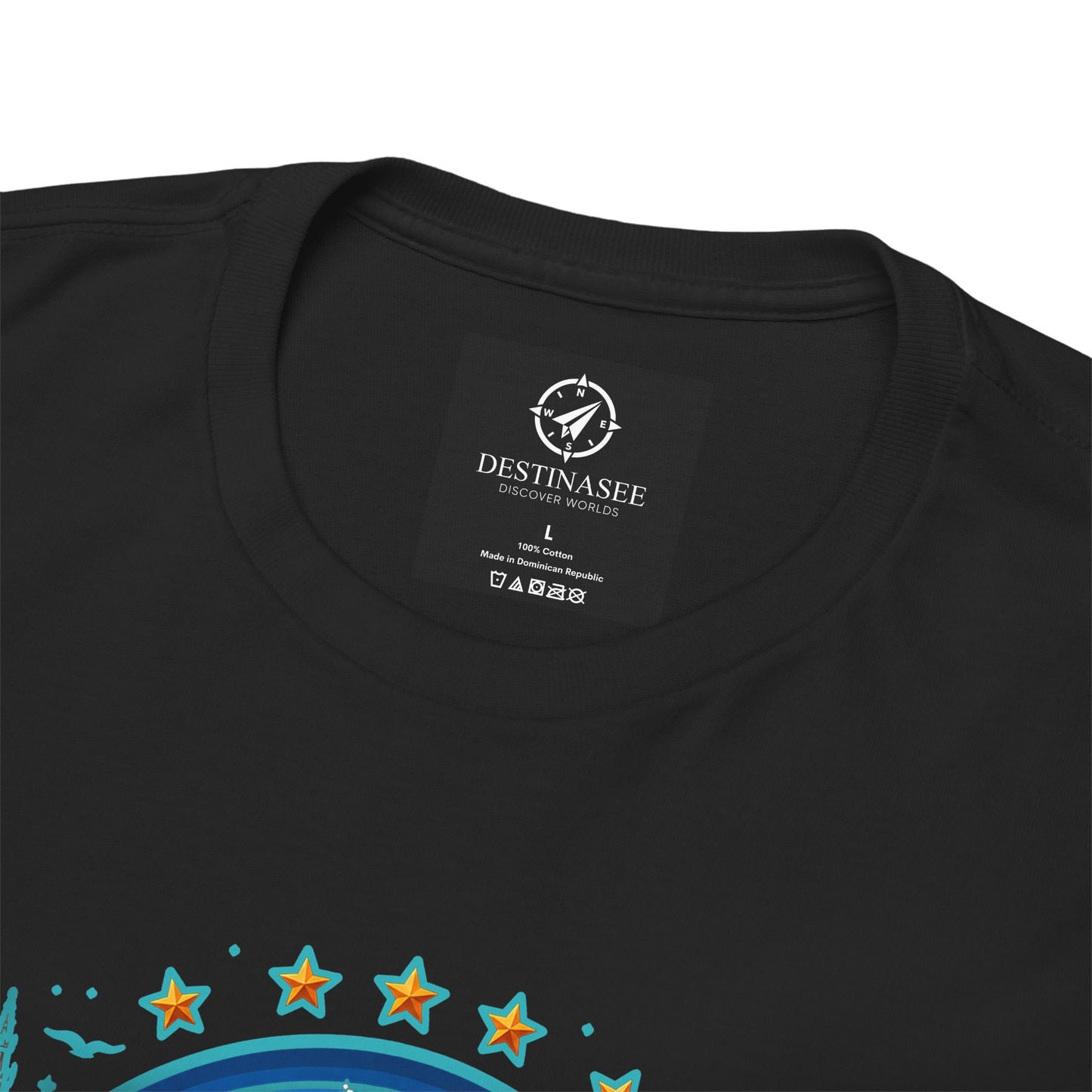 Black crew-neck T-shirt with collar label and small chest graphic