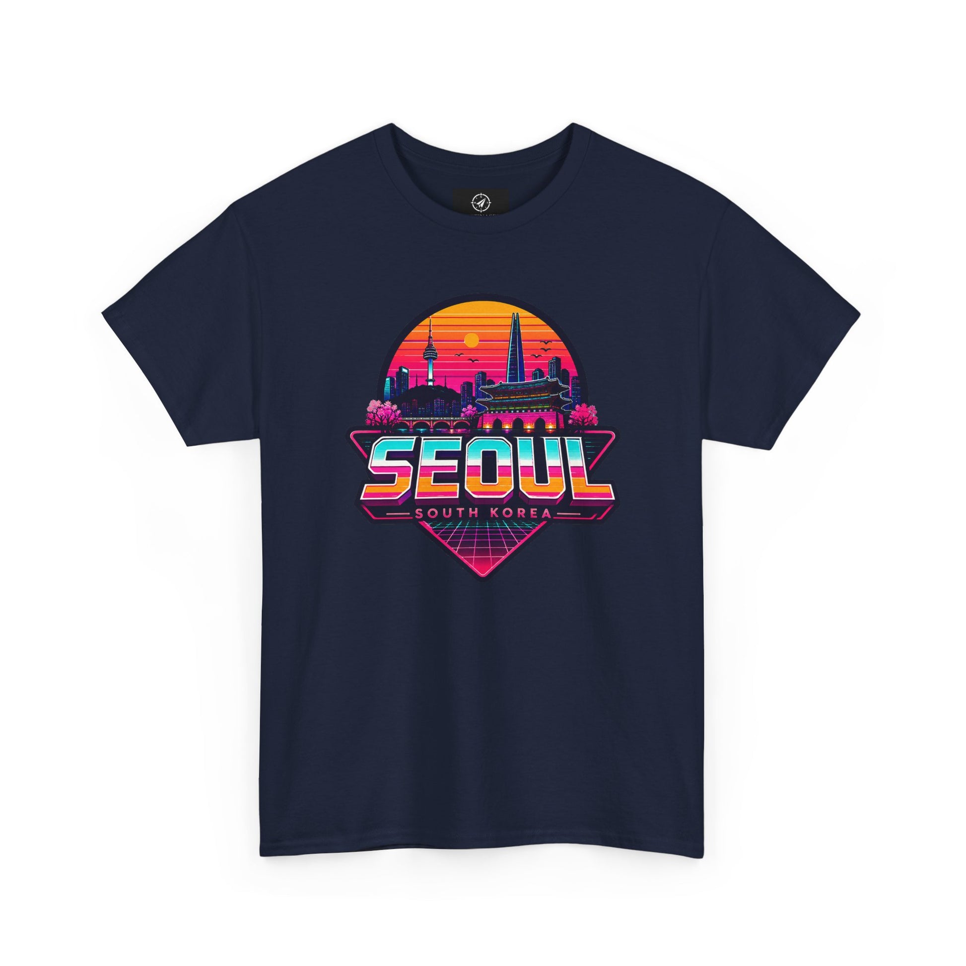 Navy crewneck T-shirt with large “SEOUL” retro city graphic on the chest