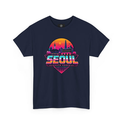 Navy crewneck T-shirt with large “SEOUL” retro city graphic on the chest
