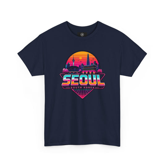 Navy crewneck T-shirt with large “SEOUL” retro city graphic on the chest