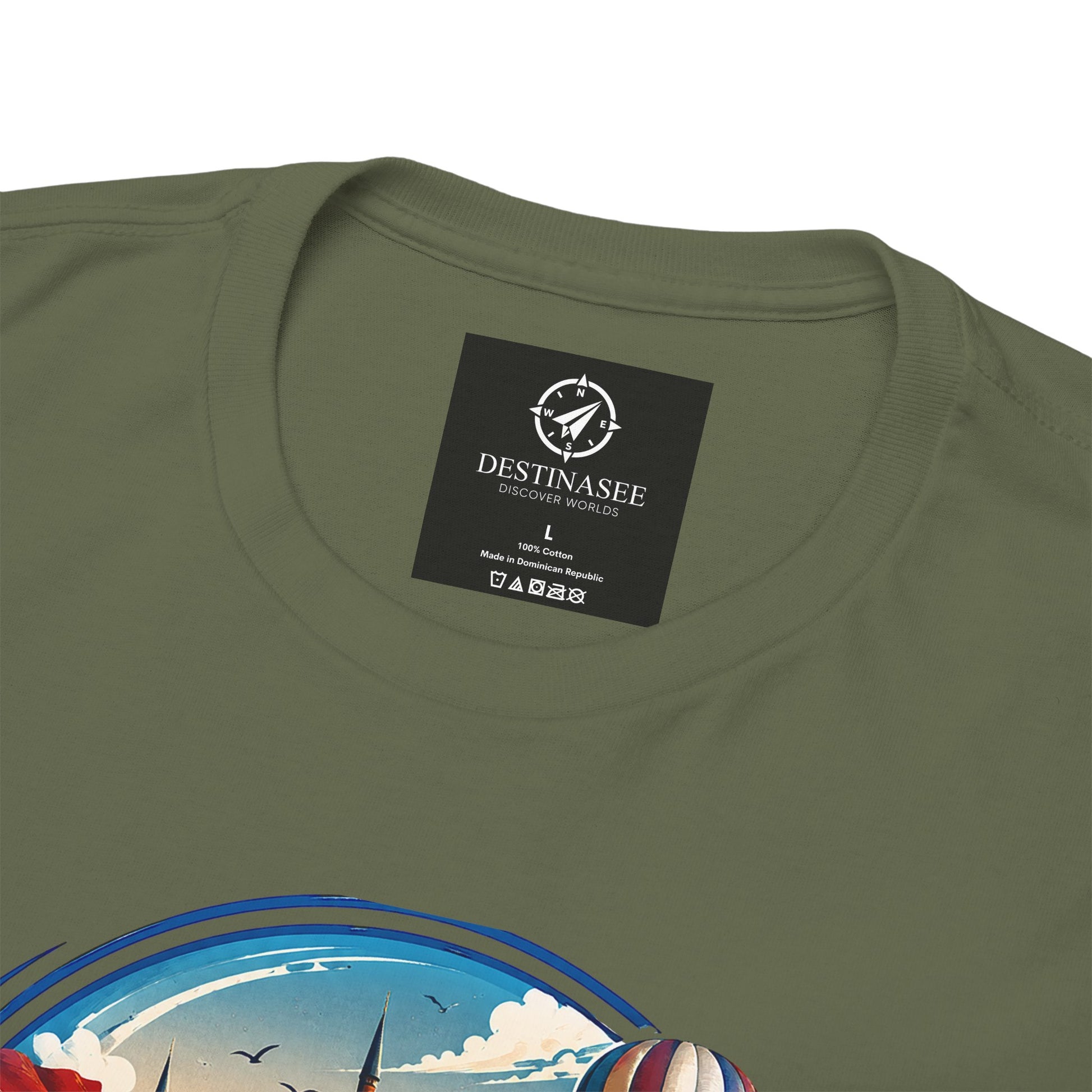 Forest green Istanbul travel T-shirt with circular world map and compass neck label