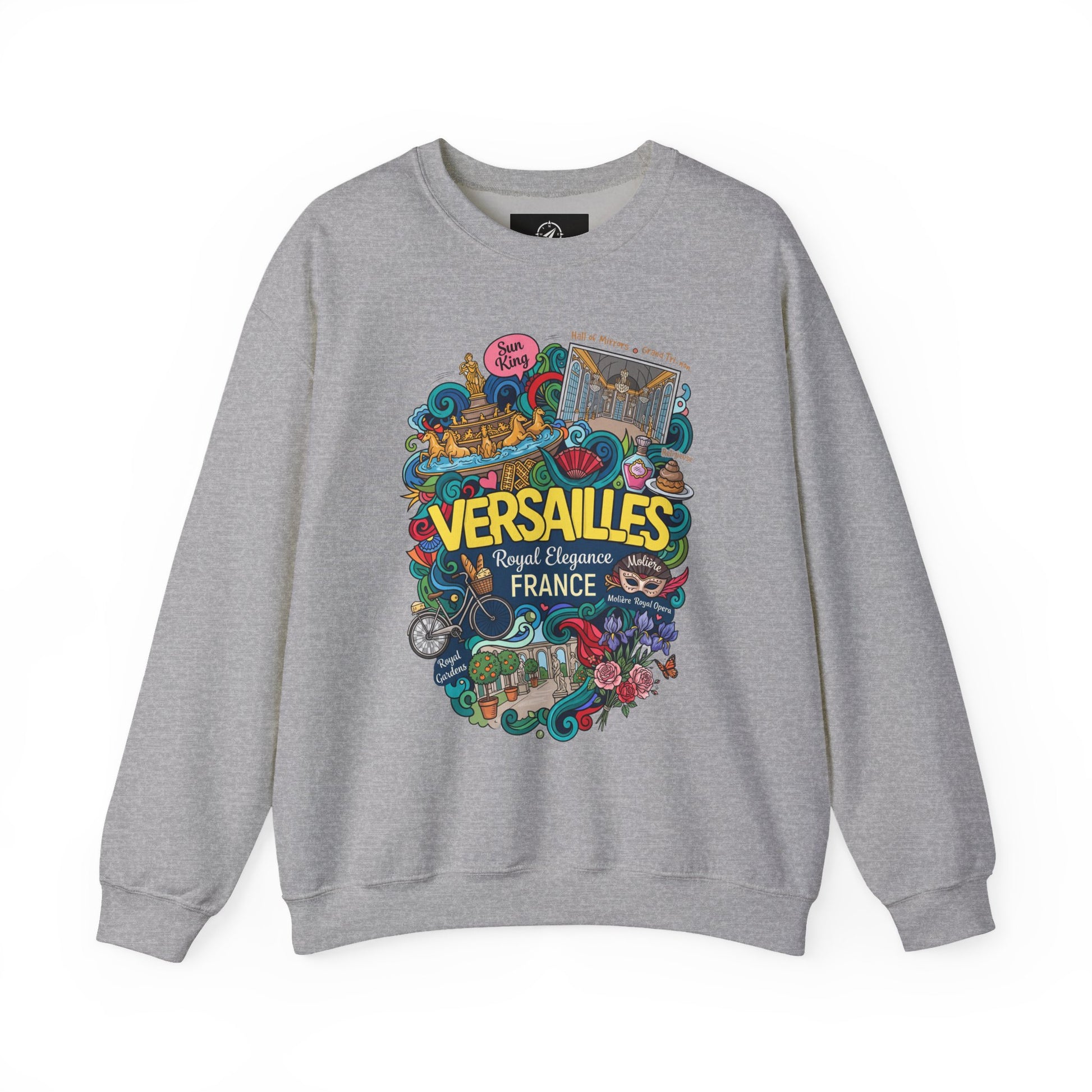 Heather gray crewneck sweatshirt with colorful Versailles-themed graphic on the front