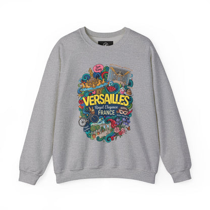 Heather gray crewneck sweatshirt with colorful Versailles-themed graphic on the front