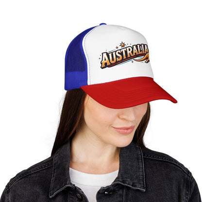 Trucker hat with white front, red curved bill, and blue mesh; Australia logo patch