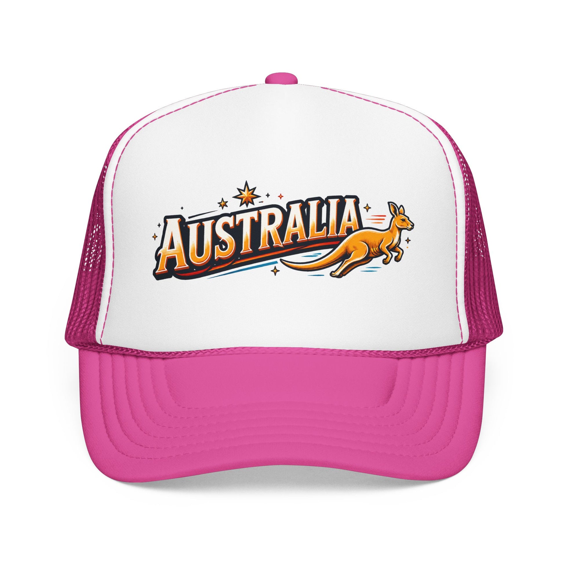 White trucker hat with pink brim and pink mesh panels; kangaroo graphic on front