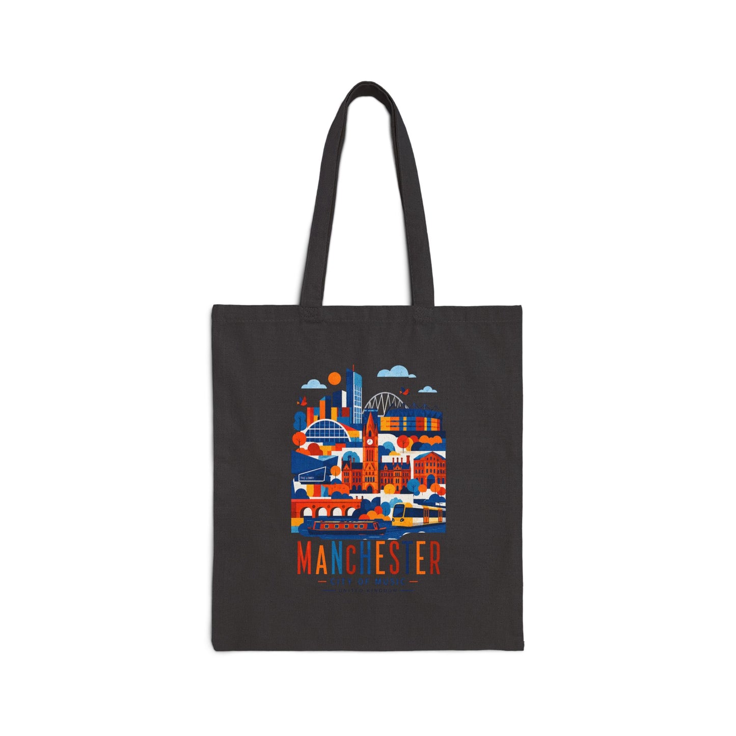 Black cotton tote bag with long handles and Manchester skyline graphic front.