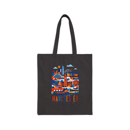 Black cotton tote bag with long handles and Manchester skyline graphic front.