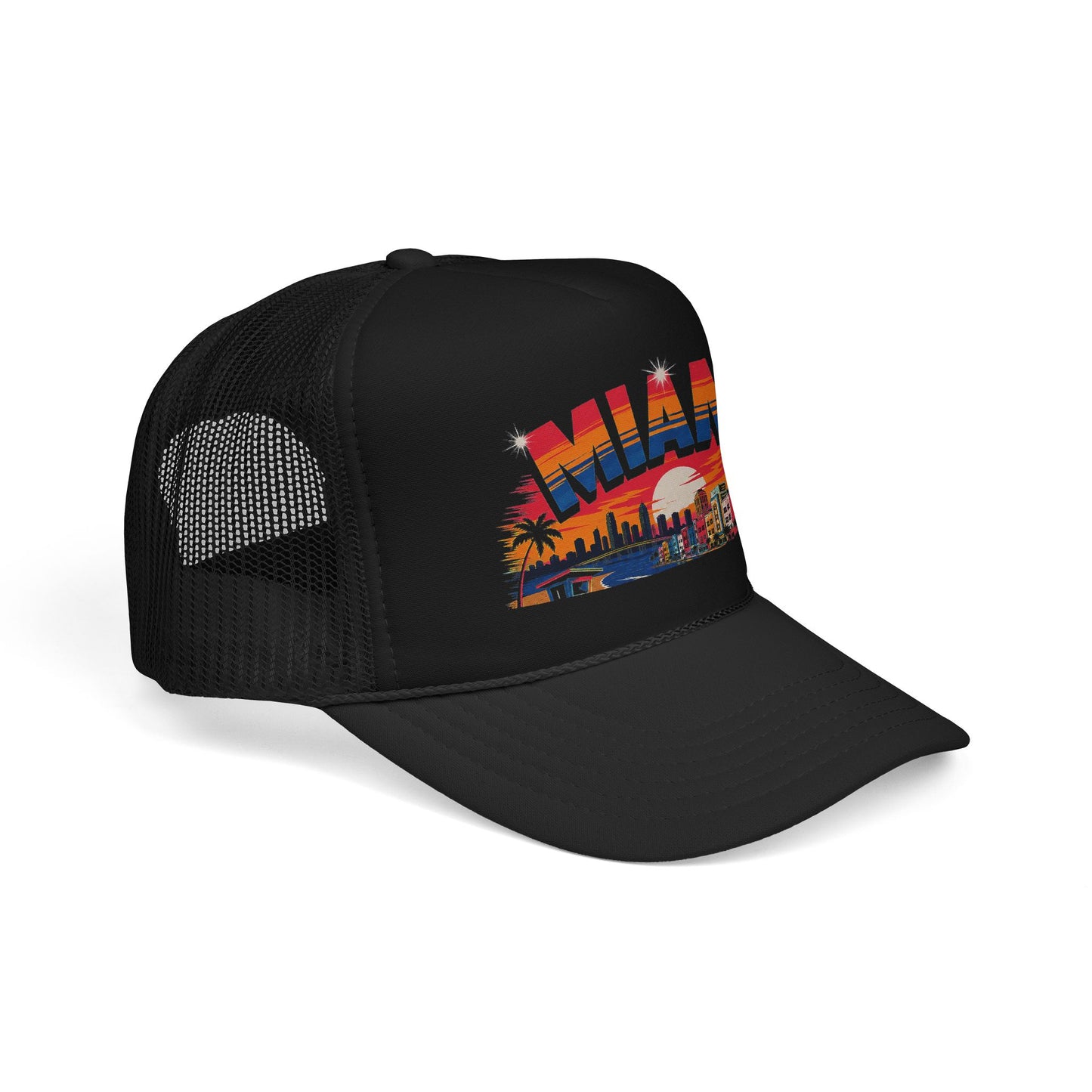 Black mesh back trucker hat with Miami sunset skyline side graphic