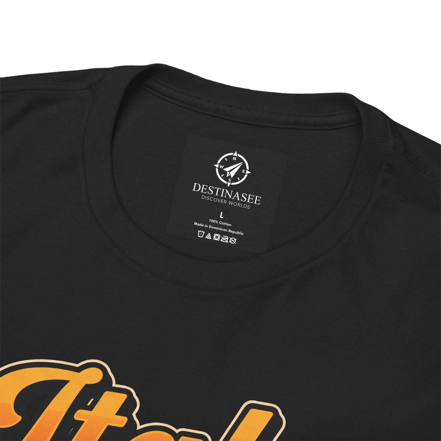 Black T-shirt close-up: round neck label and partial “Italy” graphic print