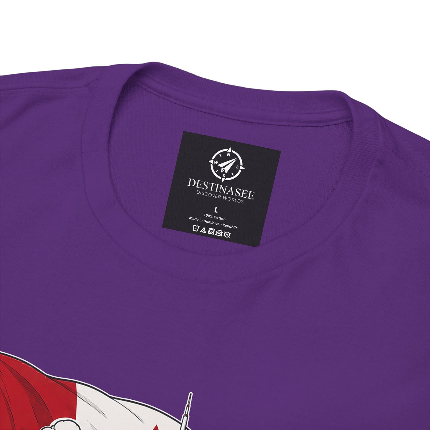 Purple T-shirt neckline detail with small black brand tag patch