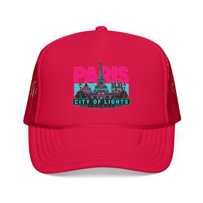 Red mesh trucker hat with “PARIS City of Lights” front graphic patch.