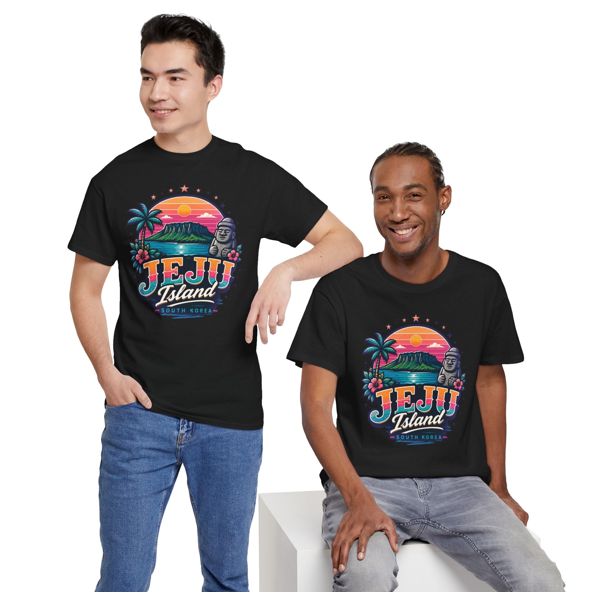 Black crewneck T-shirt with colorful Jeju Island sunset graphic, worn by models