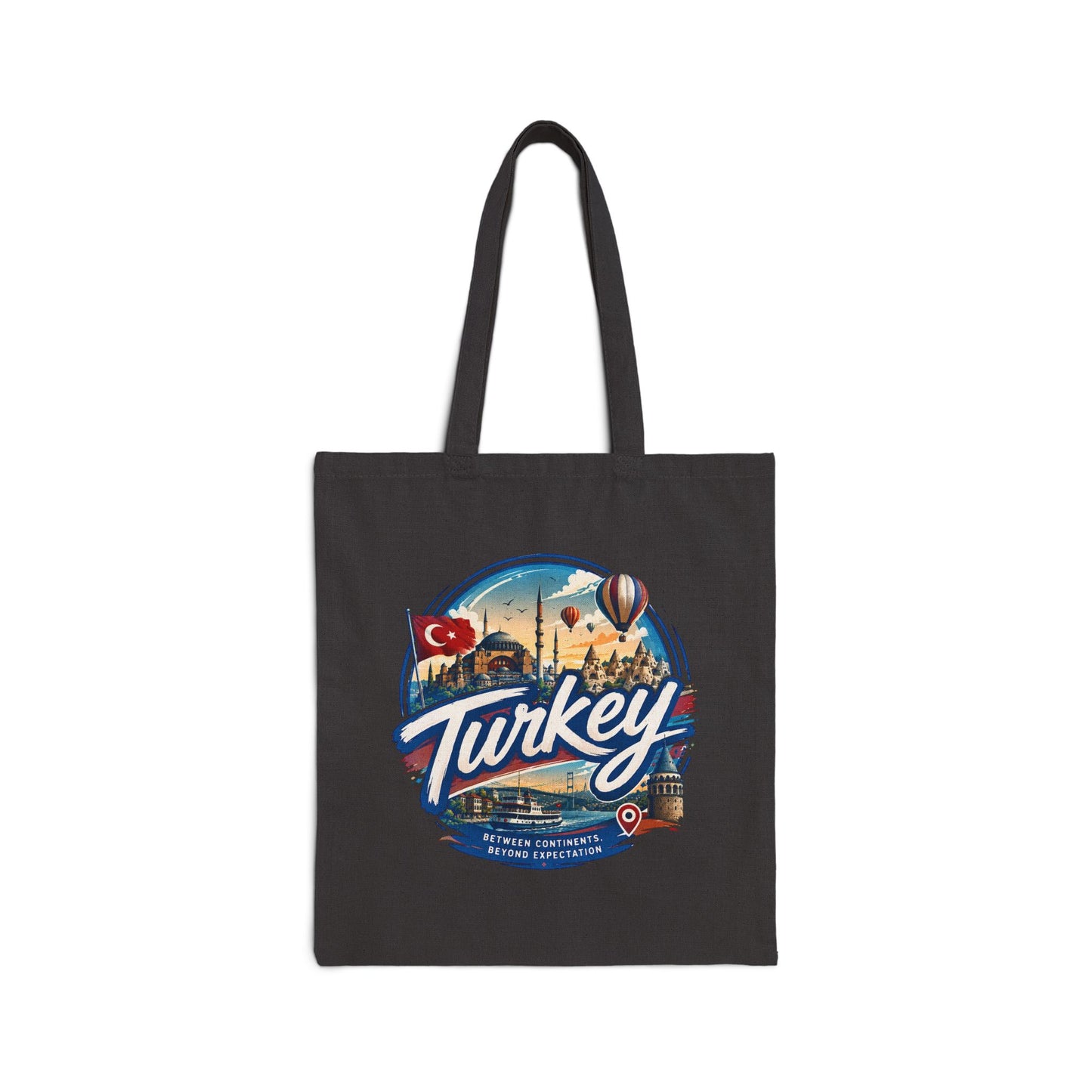 Black canvas tote bag with Turkey logo front graphic