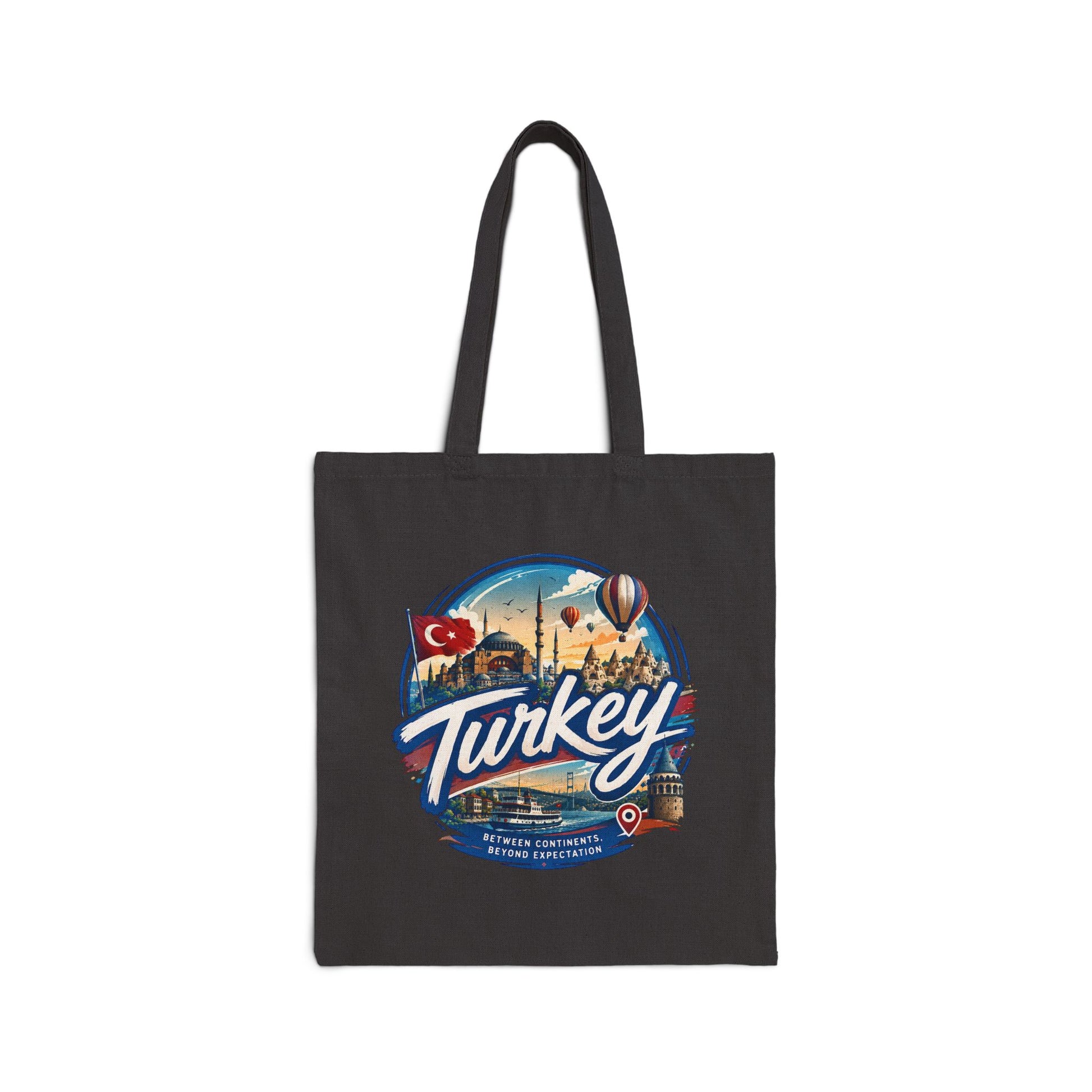 Black canvas tote bag with Turkey logo front graphic