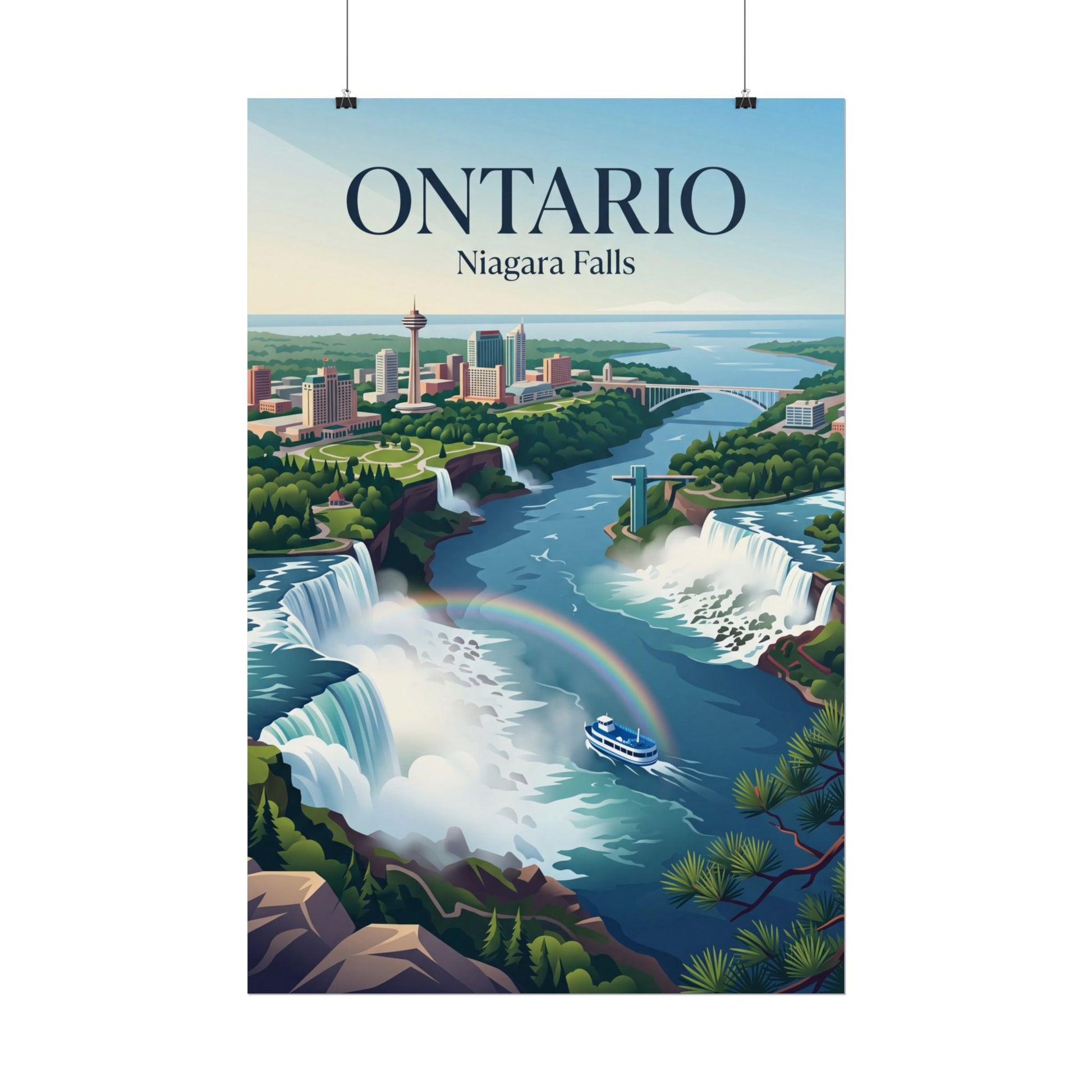 Ontario Niagara Falls poster hanging by two clips, waterfall and river city skyline