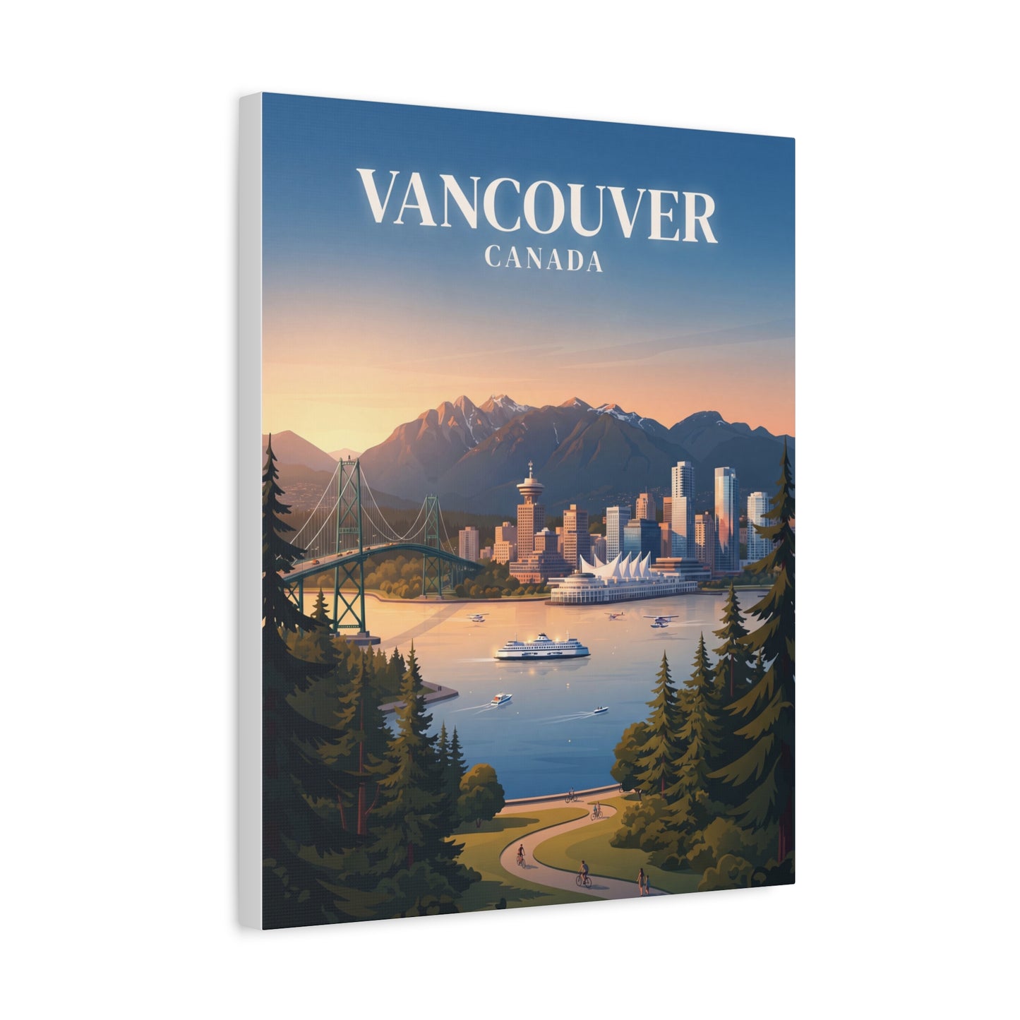 Matte canvas wall art with city skyline and harbor water, mountain range, and evergreen trees.