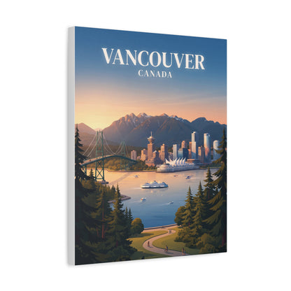 Matte canvas wall art with city skyline and harbor water, mountain range, and evergreen trees.