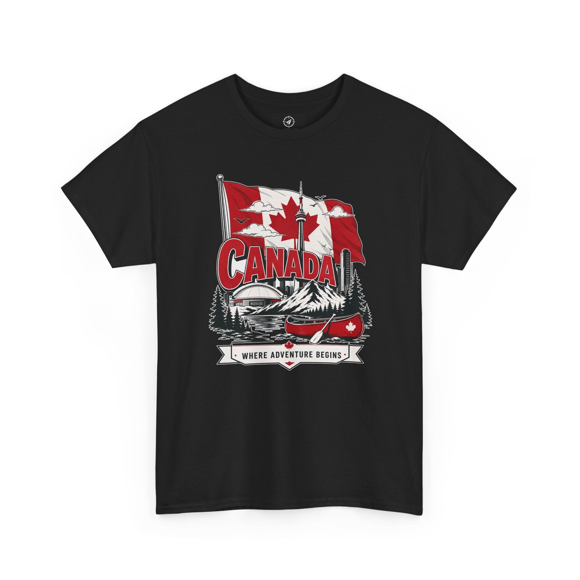 Black Canada graphic T-shirt with canoe-and-maple leaf illustration at center