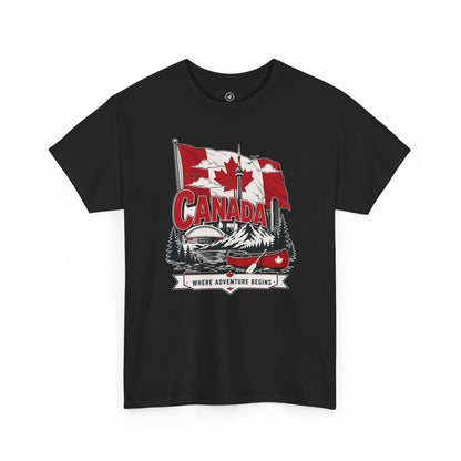 Black Canada graphic T-shirt with canoe-and-maple leaf illustration at center