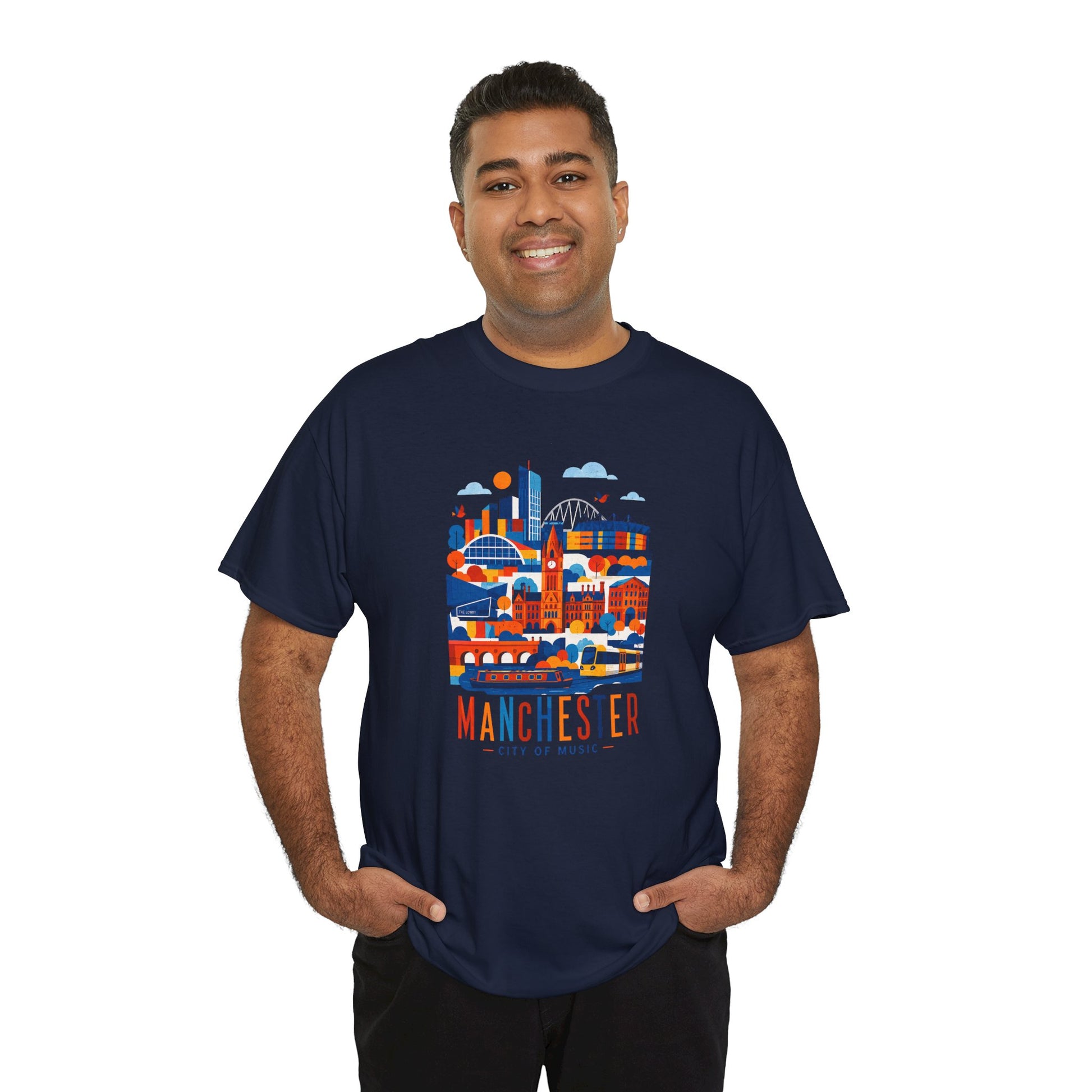 Navy crewneck t-shirt front view with colorful Manchester skyline graphic