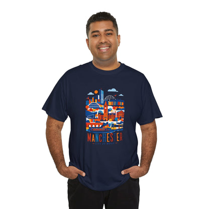Navy crewneck t-shirt front view with colorful Manchester skyline graphic