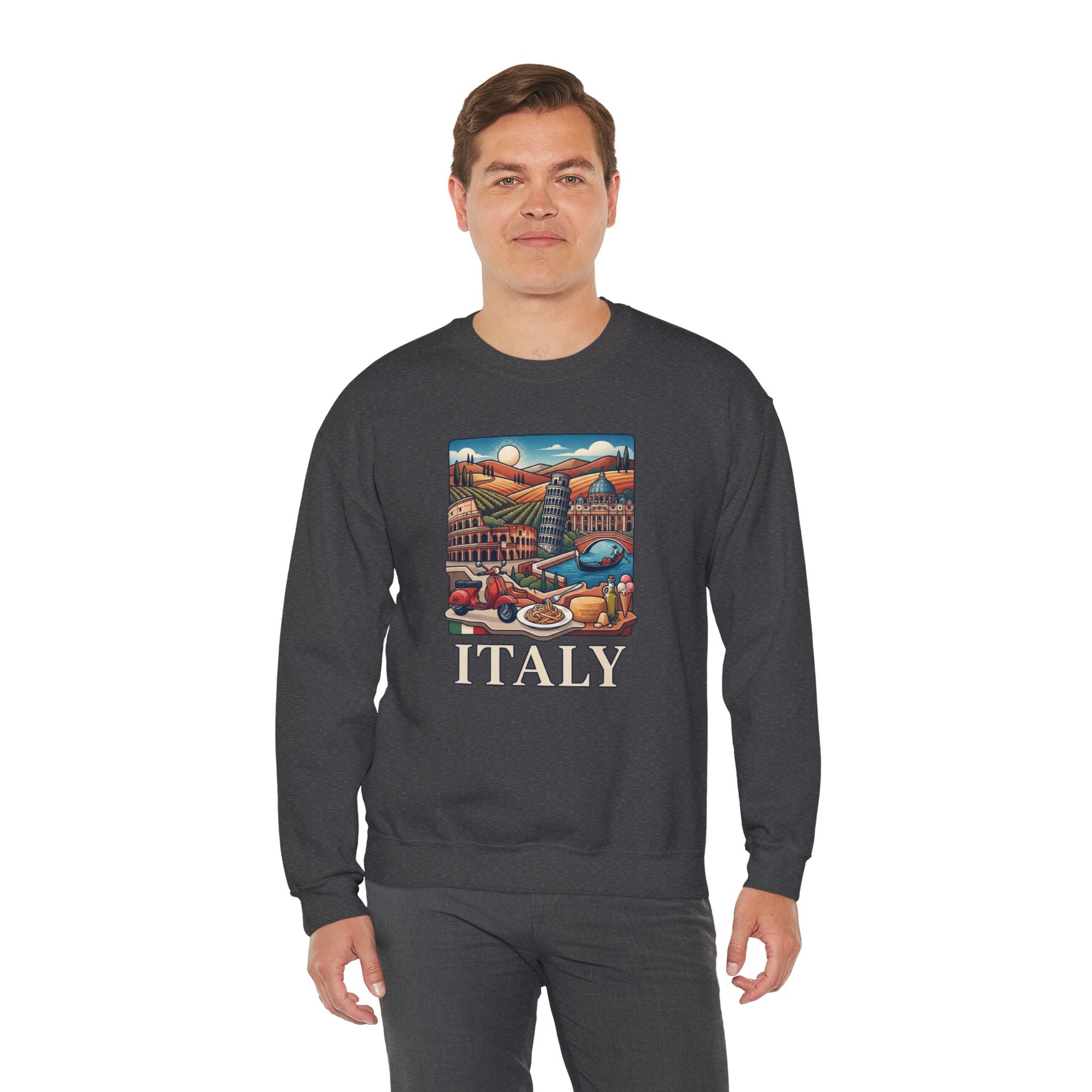 Italy travel sweatshirt, dark heather gray crewneck with colorful “ITALY” graphic on the front