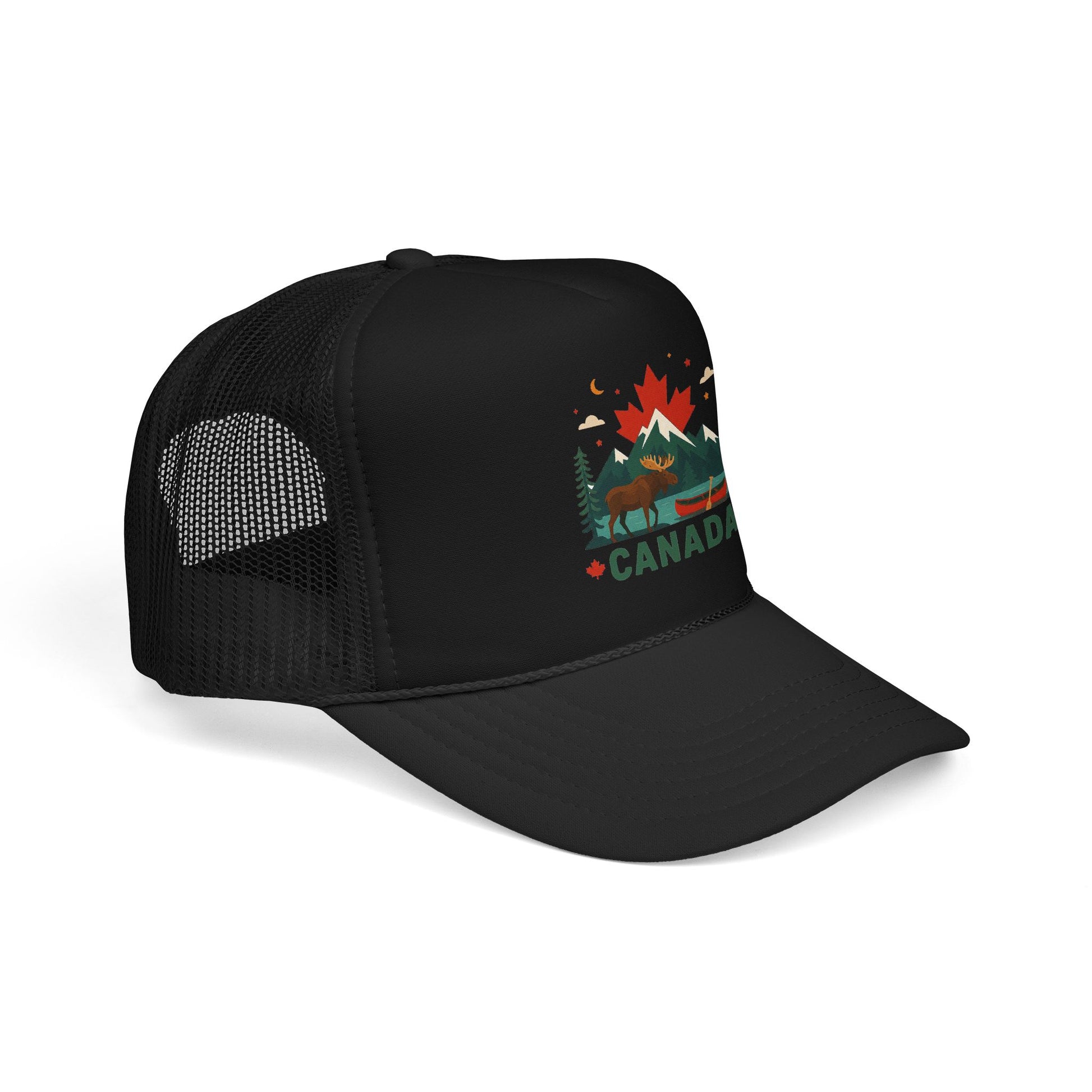 Black trucker hat with mesh back and embroidered Canada logo