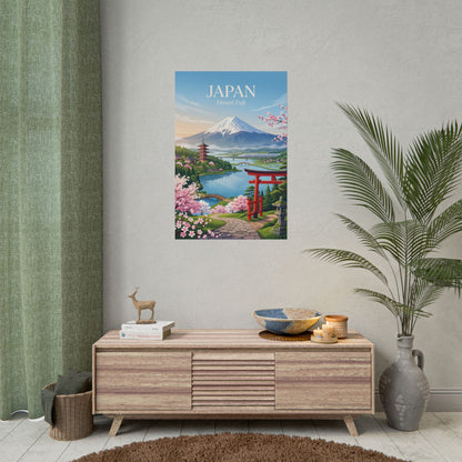 Wall-hung rolled poster with JAPAN Mount Fuji scene, red torii gate, and cherry blossoms