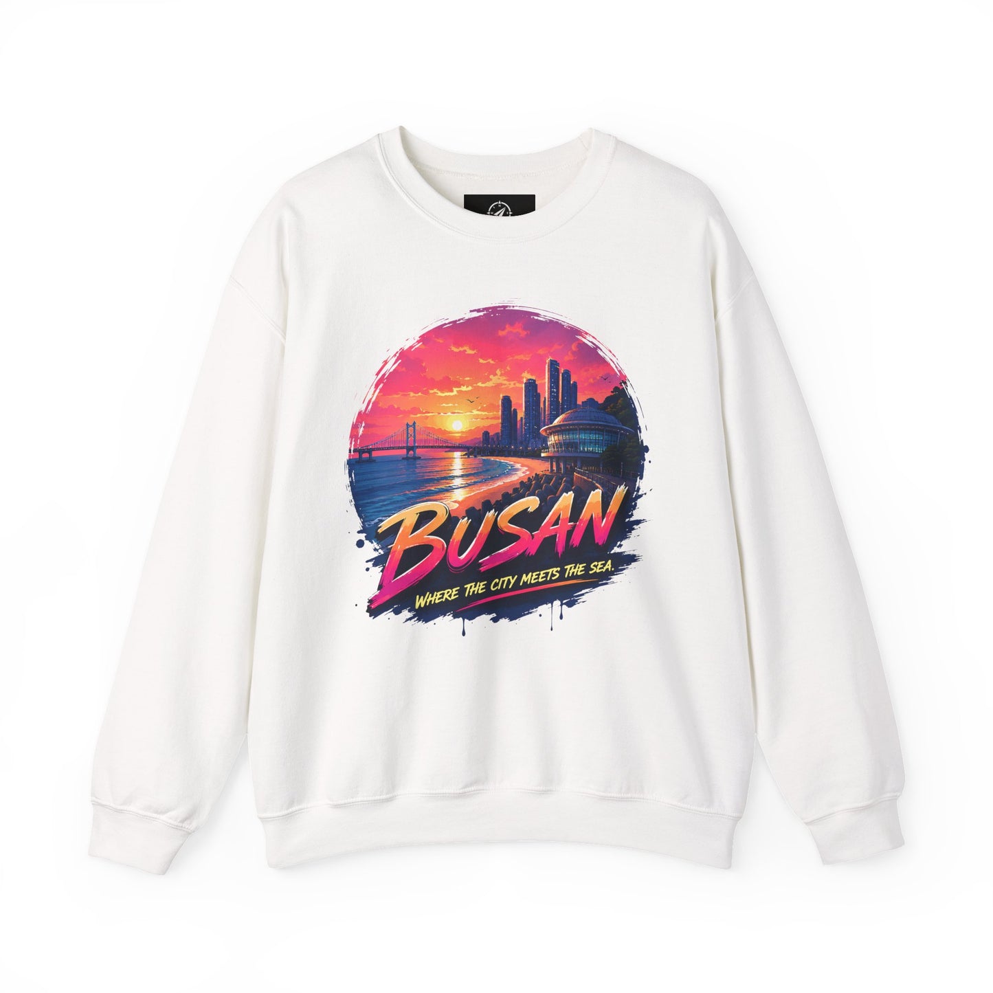 White crewneck sweatshirt with large Busan sunrise graphic centered on the chest.