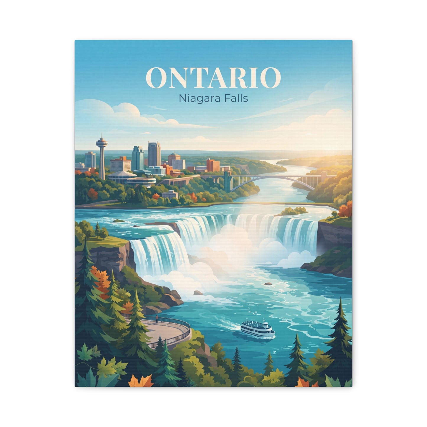 Vertical canvas wall art showing Niagara Falls, boats on the river, and “Ontario” title