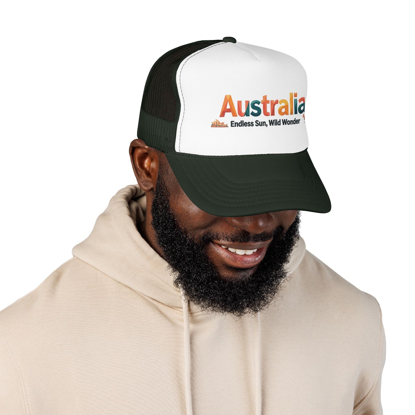 Dark green and white trucker cap with embroidered “Australia” graphic and curved brim.