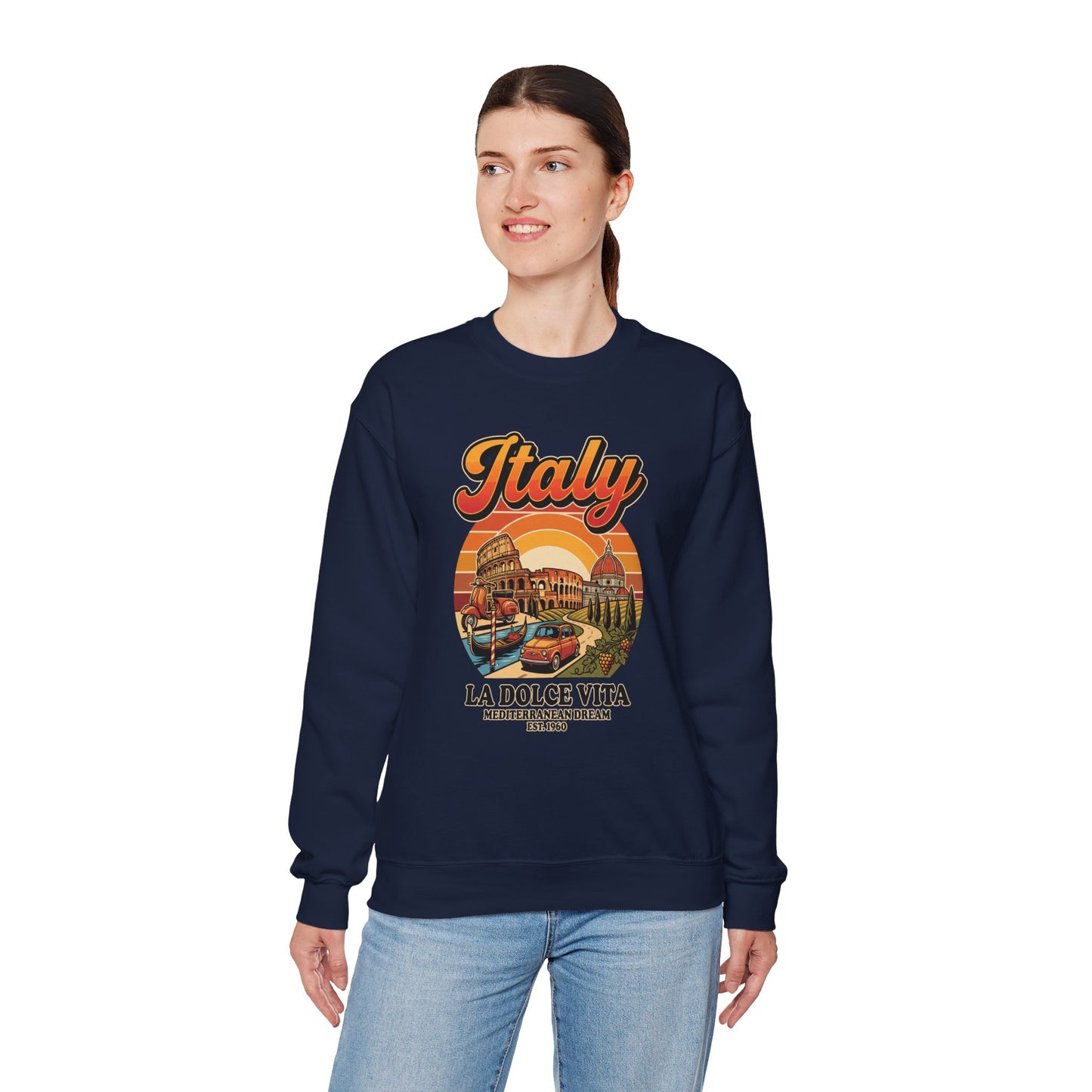 Navy crewneck sweatshirt with “Italy La Dolce Vita” graphic on the chest