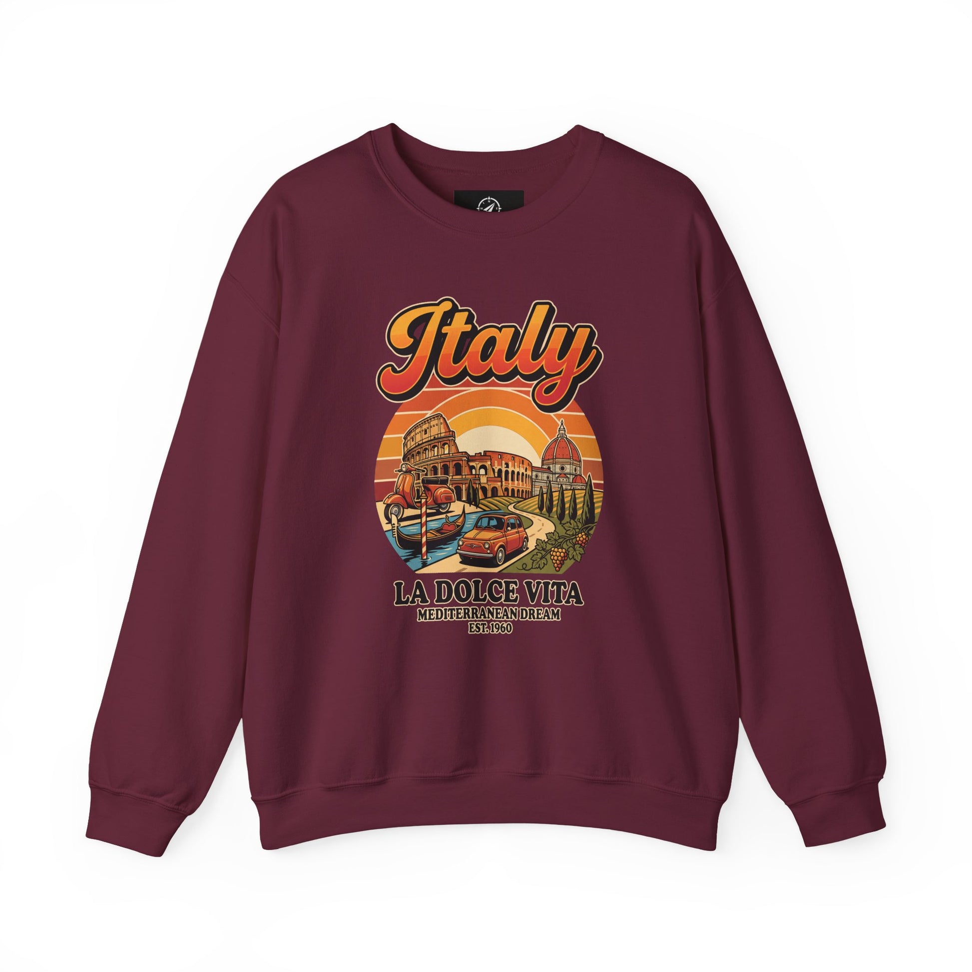 Maroon crewneck sweatshirt with “Italy La Dolce Vita” graphic on the front