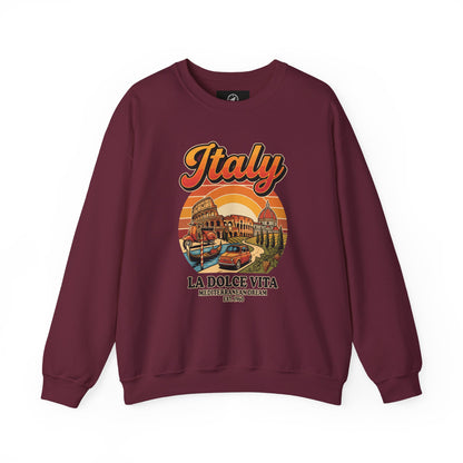 Maroon crewneck sweatshirt with “Italy La Dolce Vita” graphic on the front