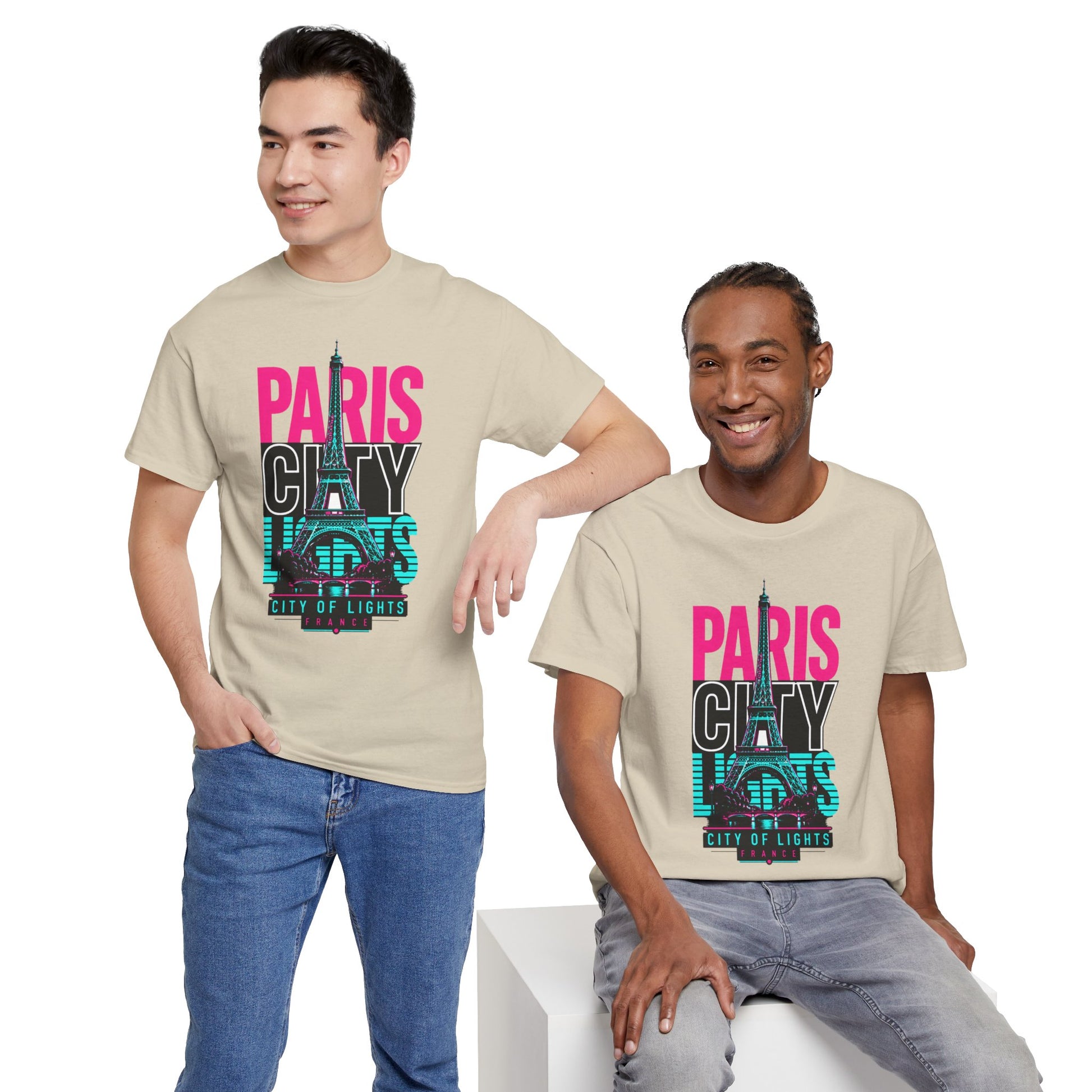 Beige Paris neon city travel T-shirt with Eiffel Tower graphic on models