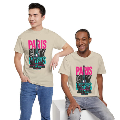 Beige Paris neon city travel T-shirt with Eiffel Tower graphic on models