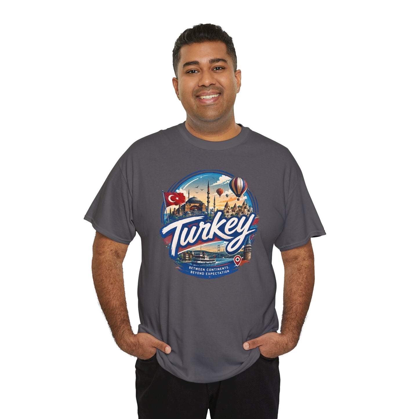 Charcoal crew-neck T-shirt featuring a “Turkey” travel emblem graphic