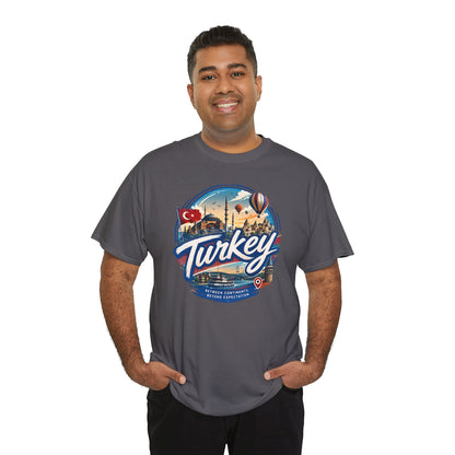 Charcoal crew-neck T-shirt featuring a “Turkey” travel emblem graphic