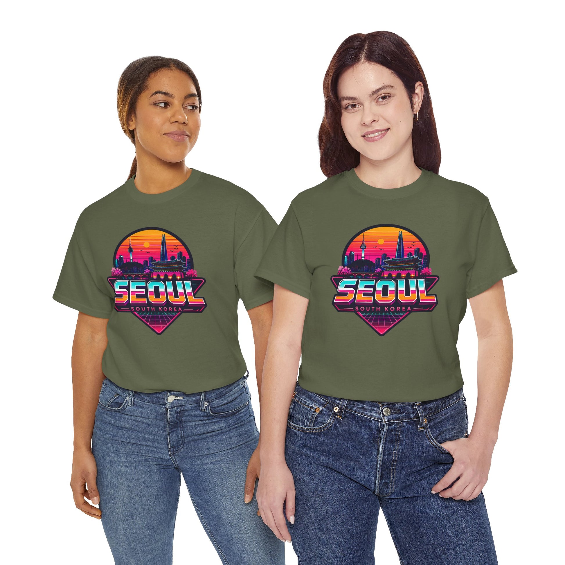 Olive green short-sleeve T-shirt with large neon Seoul heart city graphic on front