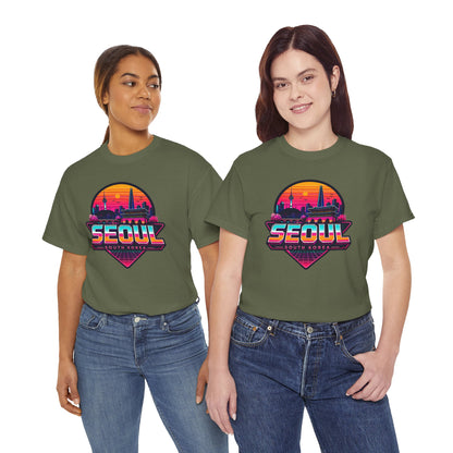 Olive green short-sleeve T-shirt with large neon Seoul heart city graphic on front