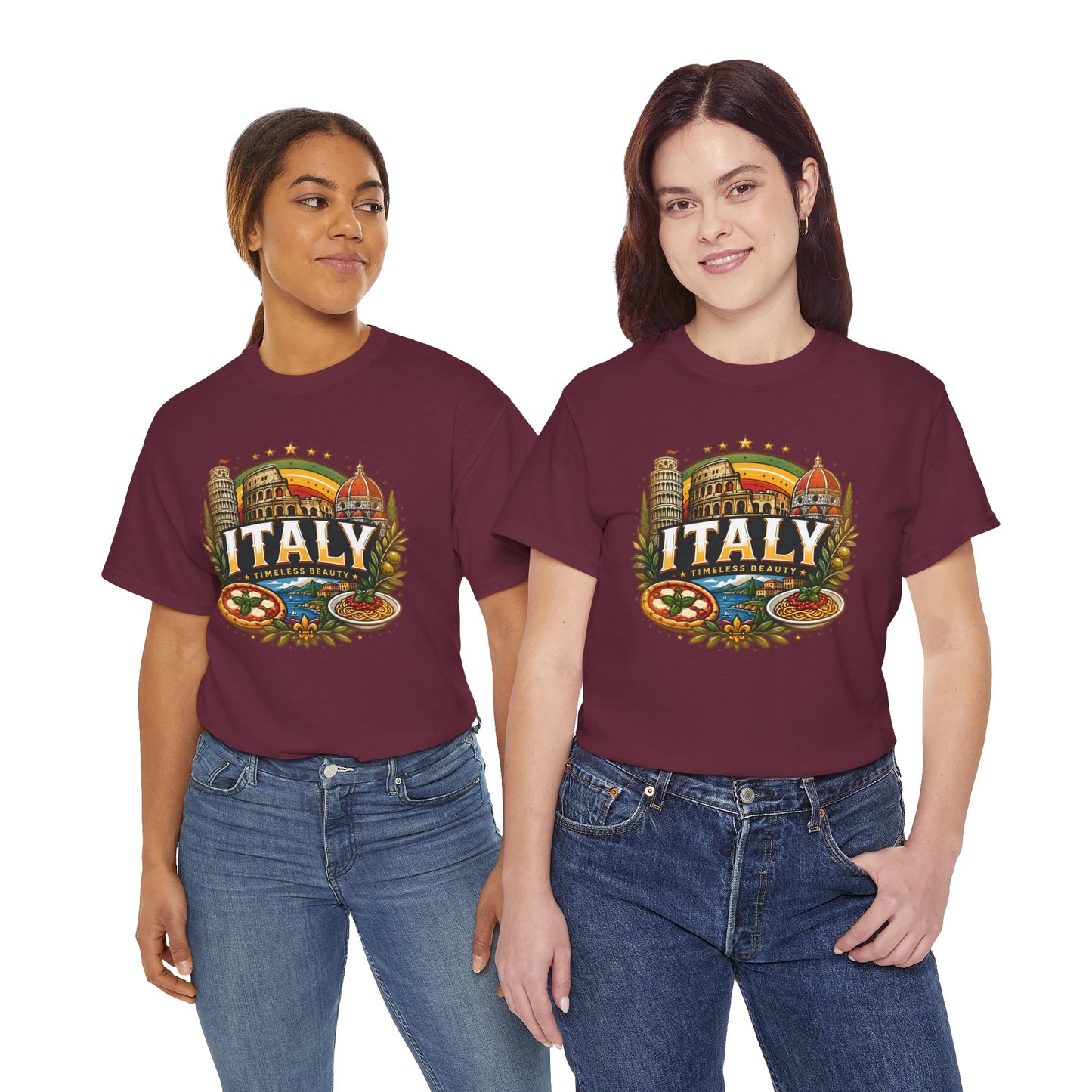 Maroon crewneck T-shirt with vintage Italy emblem graphic on the chest