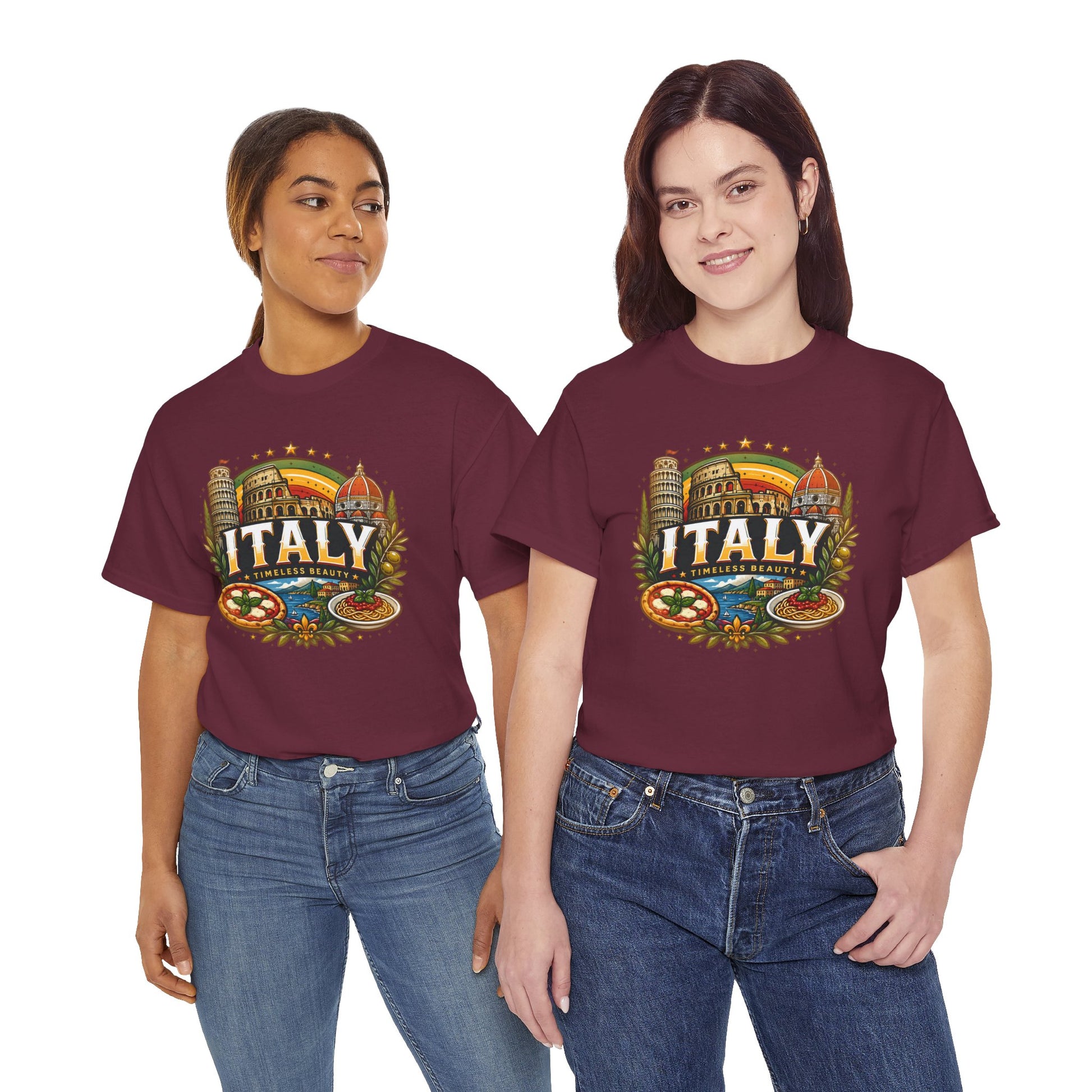 Maroon crewneck T-shirt with vintage Italy emblem graphic on the chest